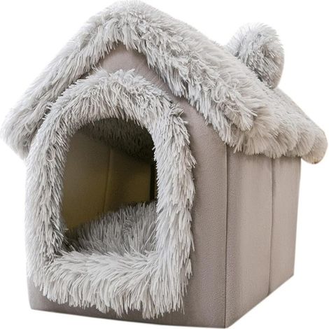 Cama cerrada para perros/gatos, suave y cálida, con forro extraíble y lavable, y una acogedora casita con capucha. (1/5)