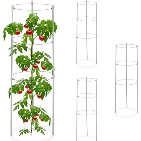 Relaxdays Set 4 Jaulas Tomates, Hierro y Plástico, Tutores Flores, 3 Anillos, Soporte Plantas Trepadoras 60x22 cm, Gris