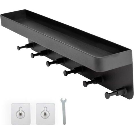 Tableau à clés avec rangement en noir -24.5 x 6 cm- Autoadhésif sans percer - Tableau à clés, porte-clés, barre à clés - Barre à crochets pour le mur avec 6 crochets et surface de rangement (1/5)