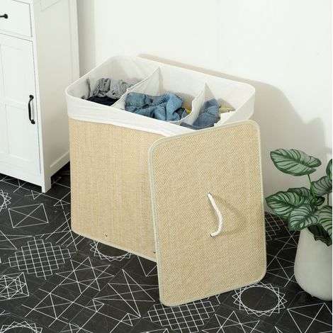 Wäschekorb 60x40x60 cm Creme aus Bambus mit Deckel, 3 Fächer und herausnehmbarem Wäschesack (1/4)