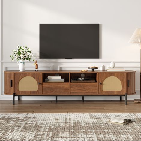 TV-Schrank oval 200/40/49,5 cm in Nussbaumoptik mit Rattantüren und Kabeldurchlässen (1/5)