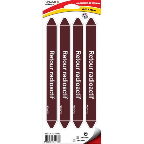 Planche de 4 marqueurs de tuyauterie 250 x 26 mm pour Ø 20 à 50 mm - Retour radioactif - 4700939