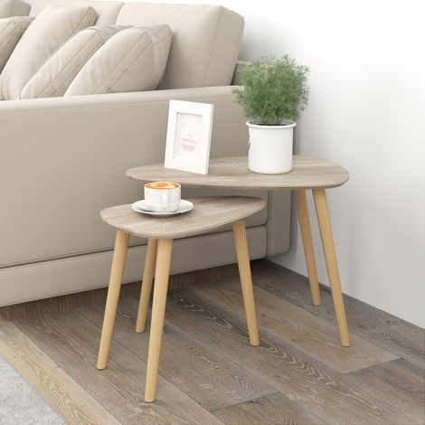 Lot de 2 tables basses gigognes design scandinave pieds en bois et plateau en bois. aspect naturel