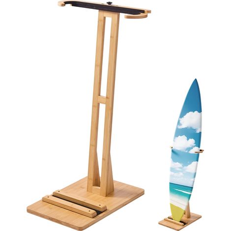 Support vertical pour planches de surf, support pour rangement et exposition en bois, réglable et autoportant, avec rembourrage, pour wakeboards, planche à neige, kitesurfs, shortboards et skis (1/5)