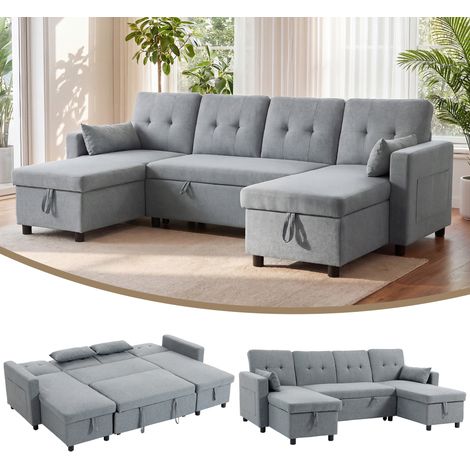 Ecksofa mit Schlaffunktion und Bettkasten U-Form 4-Sitzer Sofa mit Chaiselongue, verstellbarer Rückenlehne, Leinenoptik (1/5)