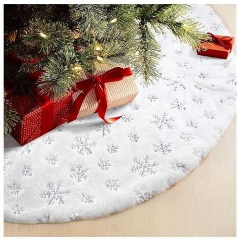 Jupe de sapin de Noël Tapis en fausse fourrure avec broderie de flocons de neige Décoration de sapin de Noël argenté pailleté 78cm (1/5)
