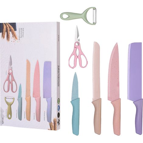 Couteau De Cuisine - Set De 6 Pièces En Acier Inoxydable - Manche En Paille De Blé - Sans Bloc - Avec Boîte Cadeau (1/5)