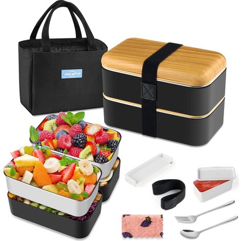 Lunch Box Boîtes bento 2 Couches avec 2 Récipients en PP et Acier Inoxydable Respectueux de l'environnement avec Fourchette et Cuillère Séparateur Sac Fourre-Tout pour Enfants et Adultes (1/5)