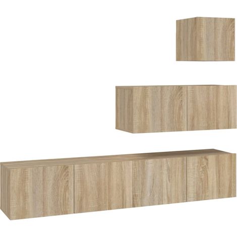 Conjunto de muebles mueble aparador TV televisión salón dormitorio salón 4 piezas roble sonoma madera contrachapada marrón 020024835