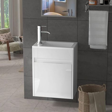 UEV – Meuble sous vasque suspendu 41 cm – Évier en céramique – Robinet chromé – Dimensions 41 x 25 x 67 cm – MDF blanc pour petites salles de bain