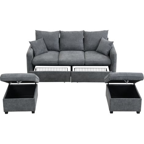 Canapé d’angle 3 places avec rangements et pouf – Déhoussable en lit, tissu chenille, modulable