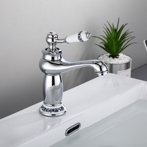 Mitigeur lavabo de salle de bain haute classique en laiton, Design Elégant Robinet Lavabo, haut poignée en céramique pour salle de bain avec eau chaude et froide (argent) (1/5)
