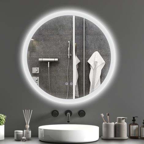 Miroir rond lumineux LED salle de bain, Ø 70 cm mural, interrupteur tactile, système antibuée, 35 W, blanc-argent