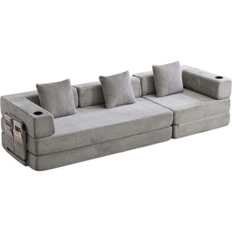 Divano letto pieghevole da pavimento in ciniglia grigio chiaro con cuscino e portabicchieri (1/5)