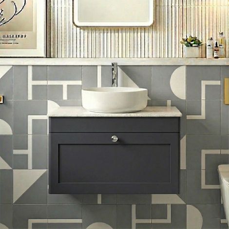 Nuie Classique Wall Hung 1-Drawer Vanity Unit with White Marble Worktop 800mm Wide - Satin Anthracite (1/4)
