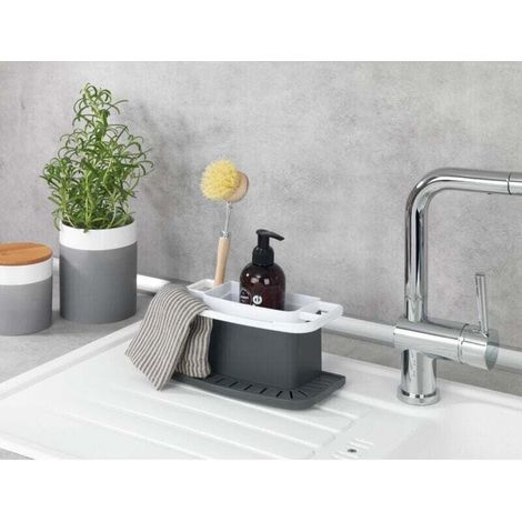 Porte éponge évier cuisine Cosmo, organiseur évier avec espace de rangement pour le liquide vaisselle, l'éponge, matière plastique de qualité supérieure, 21x11x11,5 cm, gris