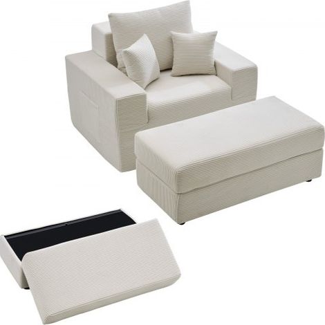 Fauteuil Convertible, Canapé-Lit Modulaire avec Rangement 111 cm Velours Côtelé Beige (1/3)
