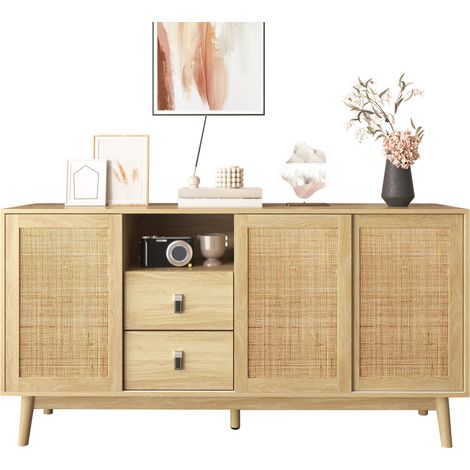 Aparador con 3 puertas correderas de ratán natural, 2 cajones, estructura en MDF y tablero de partículas, 155 x 38 x 80 cm, acabado en madera clara  CHICFURN (1/5)