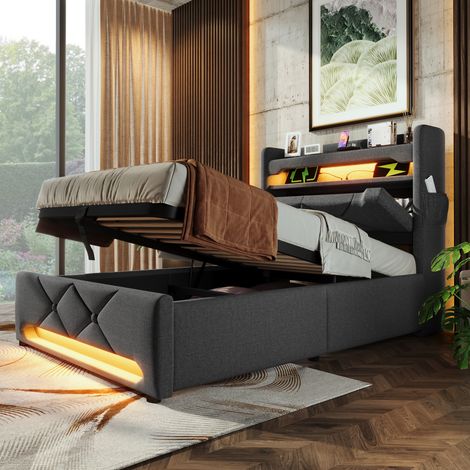 Polsterbett Einzelbett 90200, Stauraum Kopfteil mit USB und Typ C-Port ,360-Surround-LED-Funktion rund um Kopf- und Fußende des, Betten mit Hydraulisch Stauraum, Grau , Leinen(Ohne Matratze)