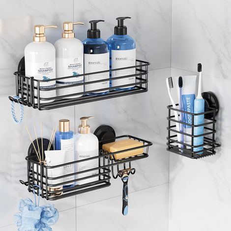 Étagère de douche à ventouse, lot de 3 étagères pour l'intérieur avec crochets et porte-savon, gobelets à brosse à dents, organiseur de salle de bain amovible, support de rangement noir (1/5)
