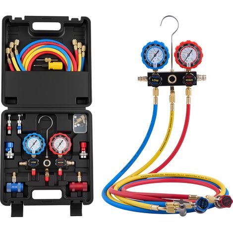 VEVOR Kit Manometro del Refrigerante per Aria Condizionata per Autoveicoli, Strumenti del Refrigerante a 3 Vie Tubi Flessibili Raccordi a Sgancio Rapido, Manometro per Aria Condizionata Auto (1/5)