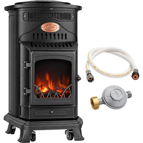 Poêle à Gaz Provence Hybride 6kW Chauffage Electrique & Gaz Butane Fonte Noir + Accessoires Gaz Tuyau & Détendeur inclus Sahara (1/5)