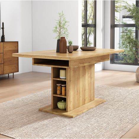 Mesa de comedor extensible 110/130x70x75 cm natural en tablero de partículas y metal con almacenaje (1/5)
