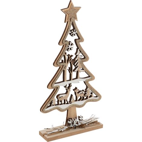 Déco de Noël Sapin en Bois ajouré avec Rennes et Branches L 15.5 x H 28.5 cm - Feeric Christmas