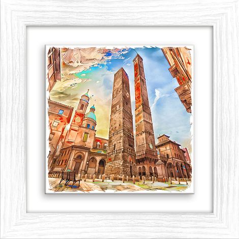 Lupia - Quadro moderno con paesaggi e localismi italiani, Ceramica e Stampa Rilievo, Cornice Legno Shabby Modern bianca, Decorazione Parete, Quadretti Soggiorno, 29x29 cm, BOLOGNA LE TORRI (1/4)