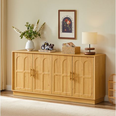 Buffet en MDF naturel 169 x 40 x 80 cm avec portes galbées, tablettes réglables et fixation murale (1/5)
