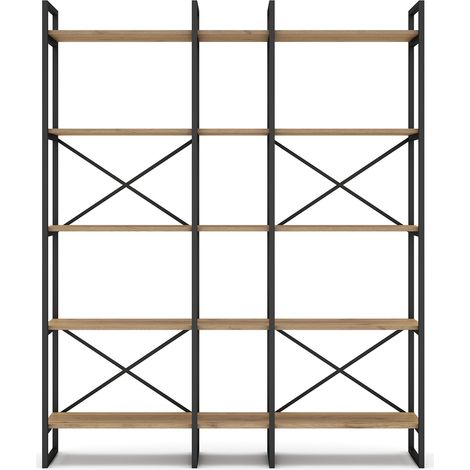 Etagère haute, meuble étagère aspect bois coloris naturel et métal noir - Longueur 143,5 x Profondeur 30 x Hauteur 175 cm (1/5)