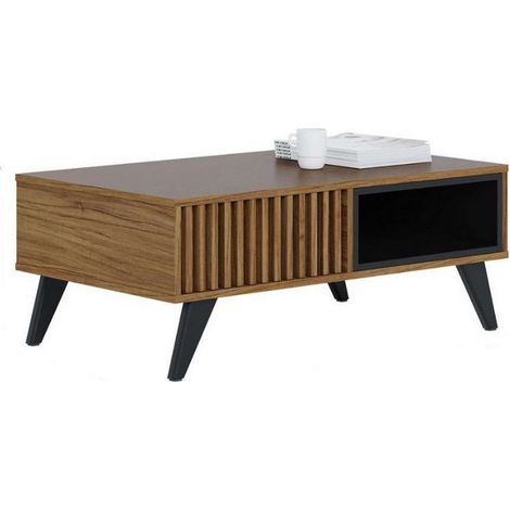 Table Basse 2 Niches 4 Pieds Bois Noyer et Noir L 90.5 H 54 P 35.2 cm (1/5)