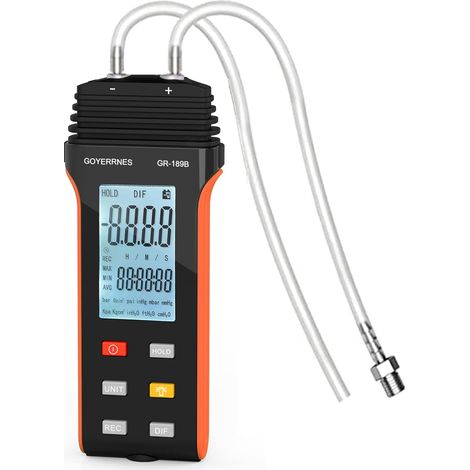 Manomètre portable Testeur de pression d'air et de gaz GR-189B Manomètre différentiel à double port 11 unités sélectionnables Manomètre différentiel Grand écran LCD (1/5)
