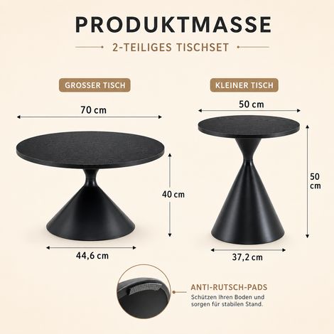 2er-Set Couchtische rund, Ø70 × H40 cm & Ø50 × H50 cm, Couchtisch und Beistelltisch in schwarzer Holzoptik, Carbonstahl-Untergestell, modernes Tischset für Wohnzimmer und Schlafzimmer (1/5)