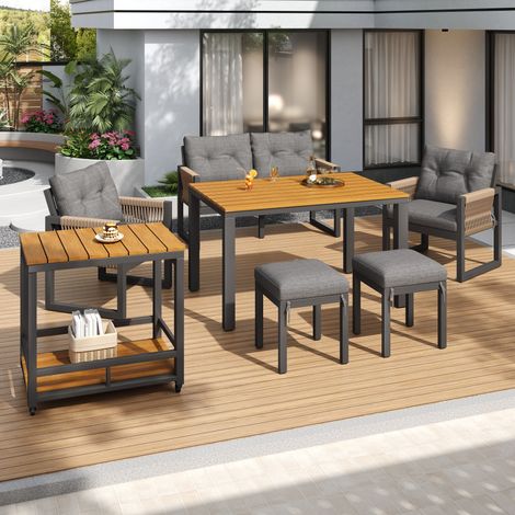 Salon de jardin 6 places avec table modulable, accoudoirs tressés, coussins épais, structure en fer, style moderne, gris et naturel