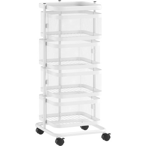 Resserre 4 corbeilles pivotantes sur roulettes, chariot de rangement pour légumes et fruits, étagère en métal filaire, 33x33x77cm, blanc (1/5)