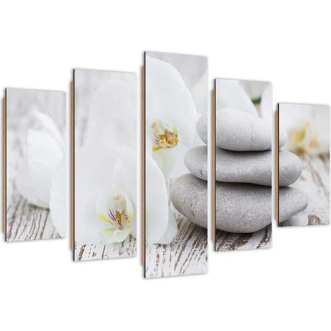 Quadro deco panel 5 parti, Orchidea zen bianca e pietre - 100x70 (1/5)