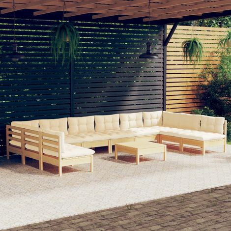 11-tlg. Garten-Lounge-Set mit Creme Kissen Massivholz Kiefer (1/5)