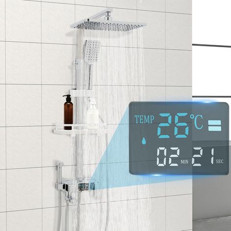Duschsystem, 29 X 19 CM Kopfbrause, Vielseitig Duschset 73-116 cm verstellbare Duschstange, Duschsäule LED-Display, Duscharmatur mit 3 Funktion Handbrause und Armatur