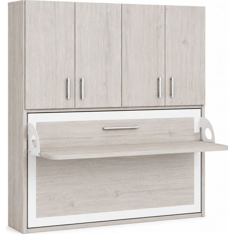 Lit escamotable horizontal bureau et armoire 4 portes SPAKO - Version renforcée – Spécial location meublée 34.5cm Matelas mousse 18 cm-Chêne gris-Avec matelas-140x190-Profondeur 34.5cm (1/5)