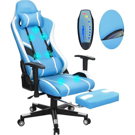 Chaise de bureau, design ergonomique, hauteur réglable, Bleu Blanc (1/2)