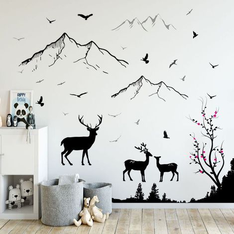 Un lot de Stickers Muraux motif cerfs oiseaux montagnes autocollant mural créatif Amovible pour Chambre Salon Decoration (1/5)