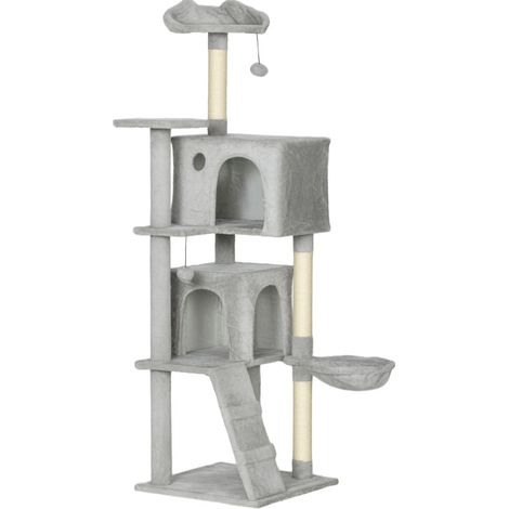 Árbol rascador para gatos 160 cm gris claro con casetas, hamaca, escalera y postes de sisal (1/4)
