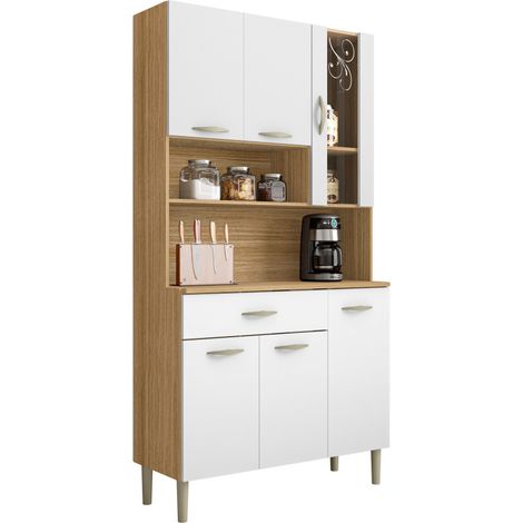 Buffet de Cuisine 6 Portes 1 Tiroir Chêne et Blanc L 91 H 173.5 P 36.3 cm