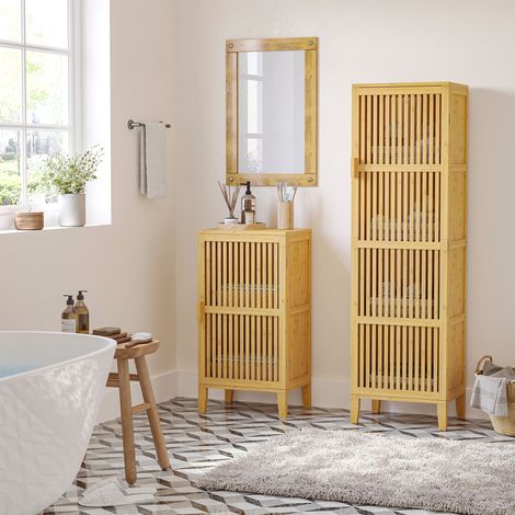 Meuble de rangement en bambou 40x30x140 cm, étagères ouvertes et porte à lattes design pour salle de bain, chambre, salon