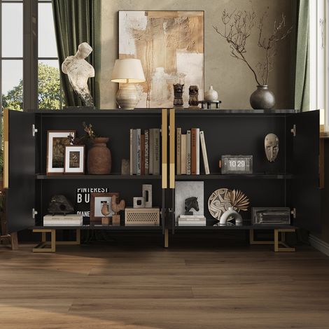 Meuble de rangement noir avec étagères, 152x40x75 cm, design géométrique original, poignées et pieds en laiton doré, armoire basse élégante pour salon ou entrée. (1/5)
