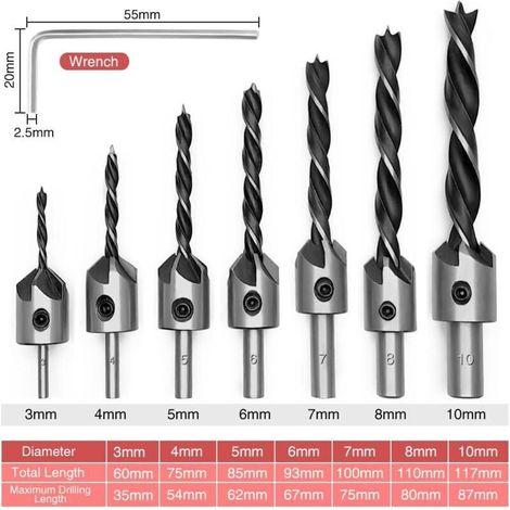 Set di frese coniche in acciaio HSS Bardusch da 7 pezzi con chiave esagonale, utensile di fresatura, punta da trapano cava a 5 scanalature per la lavorazione del legno, 3 4 5 6 7 8 10 mm (1/4)