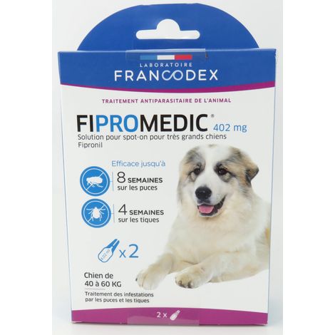 2 Pipettes Fipromedic 402 mg antiparasitaire Pour très grand Chiens de 40 kg à 60 kg - Francodex (1/5)