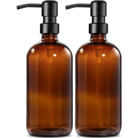 Distributeur de Savon en Verre Ambré avec Lisse Pompe en Acier Inoxydable, 500ml Distributeur de Savon Liquide avec Étiquettes, Rechargeable Distributeur Savon Cuisine - Lot de 2