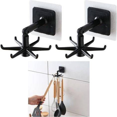 Hakenleiste für Küchenutensilien, 360° drehbar, Haken für Küchenutensilien mit 6 Haken, 2 Stück, Montage ohne Bohren, Küchenregal (1/5)